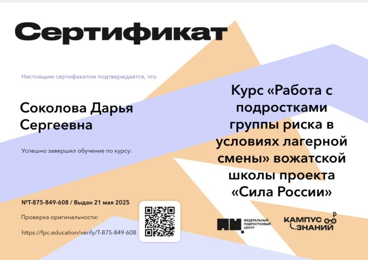 Сертификат обучения по курсу «Работа с подростками группы риска в условиях лагерной смены» вожатской школы проекта «Сила России»