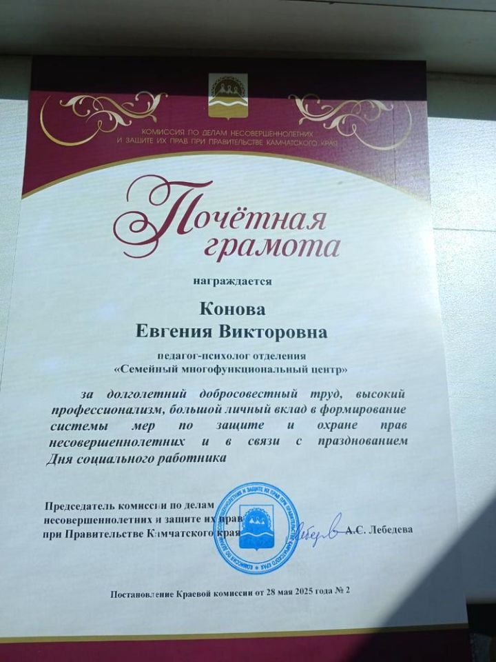 Почетная грамота от Комиссии по делам несовершеннолетних и защите их прав при Правительстве Камчатского края