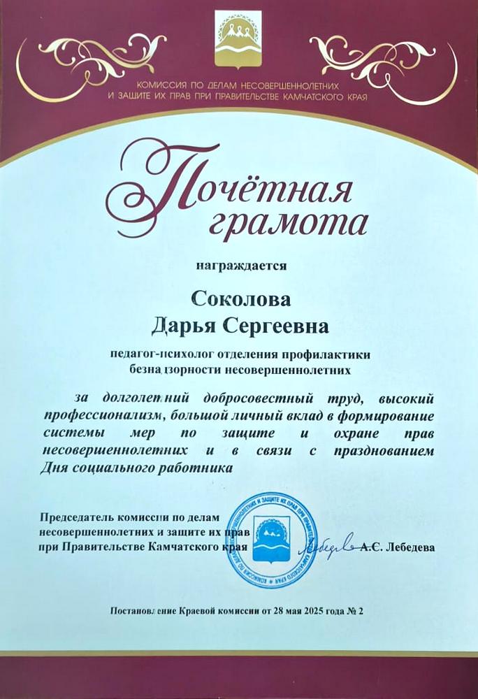 Почетная грамота от Комиссии по делам несовершеннолетних и защите их прав при Правительстве Камчатского края